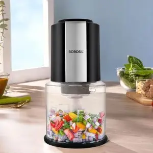 Borosil 300W Electric Food Chopper | 600ml Plastic Bowl with Lid | Twin Blade Kitchen Vegetable Cutter & Blender | Black