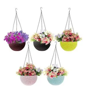 Plastic Round Hanging Euro Basket Planter Set of 5 (7 Inch) with Metal Chain | Hanging Flower Pots for Home, Balcony & Garden | Indoor Outdoor Hanging Plant Containers