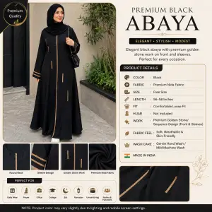 Black Front Open Abaya with Golden Stone Design