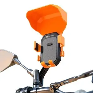 Portronics Mobike 5 Plus Mirror Mount Mobile Holder with Sunshade & Rain Protection | 360° Rotating Bike & Scooter Phone Mount | One-Press Release, 4-Point Grip Lock | Fits 5.4–6.7 Inch Smartphones | GPS Navigation Holder