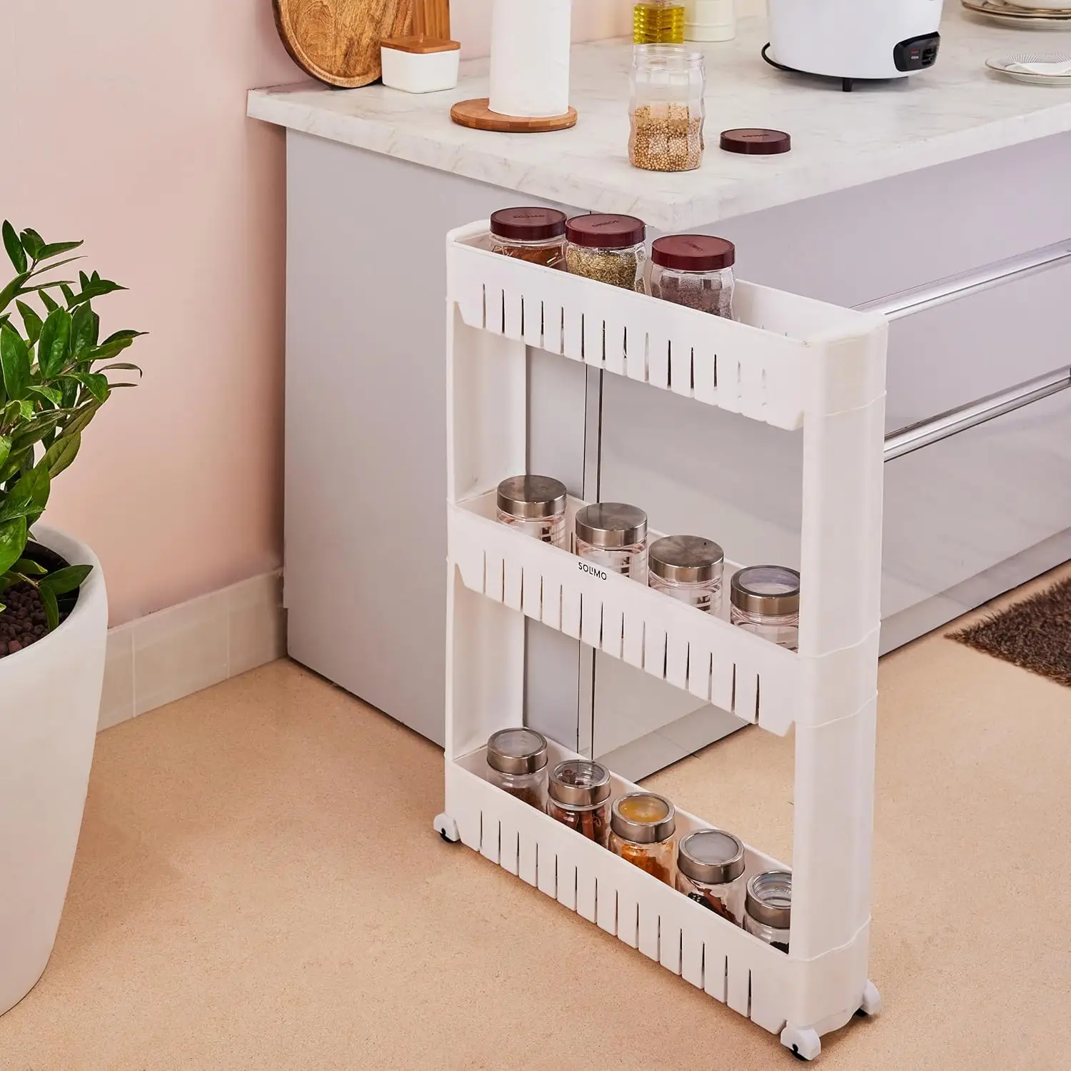 3 Tier Slim Storage Organizer with Wheels | Space Saving Rolling Rack for Kitchen & Bathroom