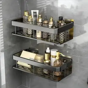 Aluminium Bathroom Wall Shelf Organizer (Pack of 2) | Self-Adhesive No-Drill Storage Rack – Black