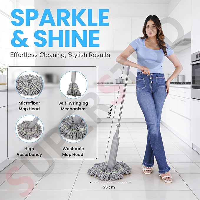 Mop for Home Cleaning Floor 2 in 1 Dehydrated Floor Cleaning Mop Stick || Self-Wringing || Mopper Stick Microfiber Wet and Dry Mops for Home/Bathroom/Offfice/Kitchen - Grey Color