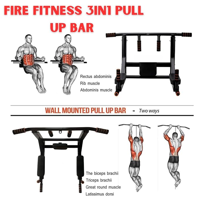 chin up wall mount pull up bar 3in1 for home gym workouts and dips station, height increasing pull up bar and solid straching