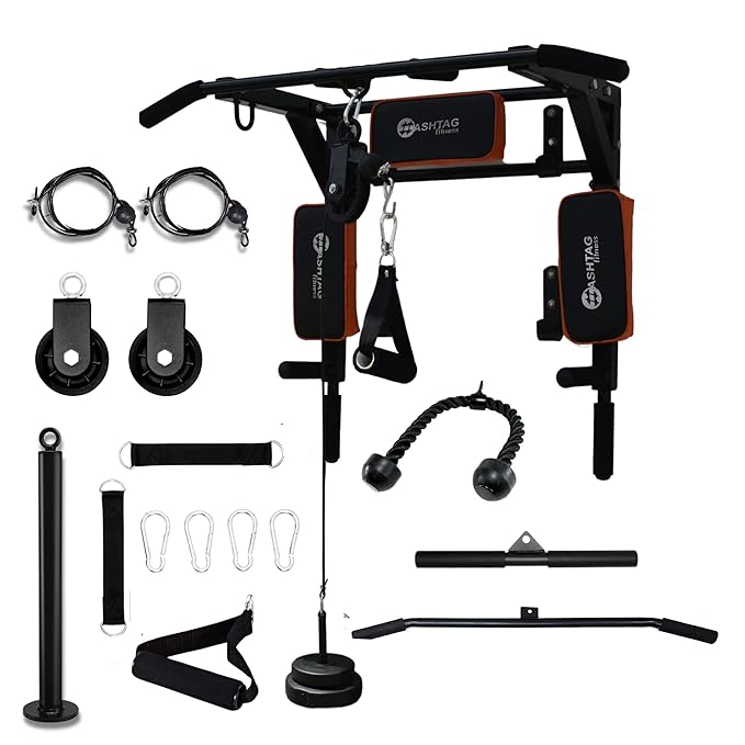 Hashtag Fitness multi station dips bar with portable pull up bar for home workout, gym cable pulley system latpull down Cable Machine Attachments weight loading pin gym equipment for men