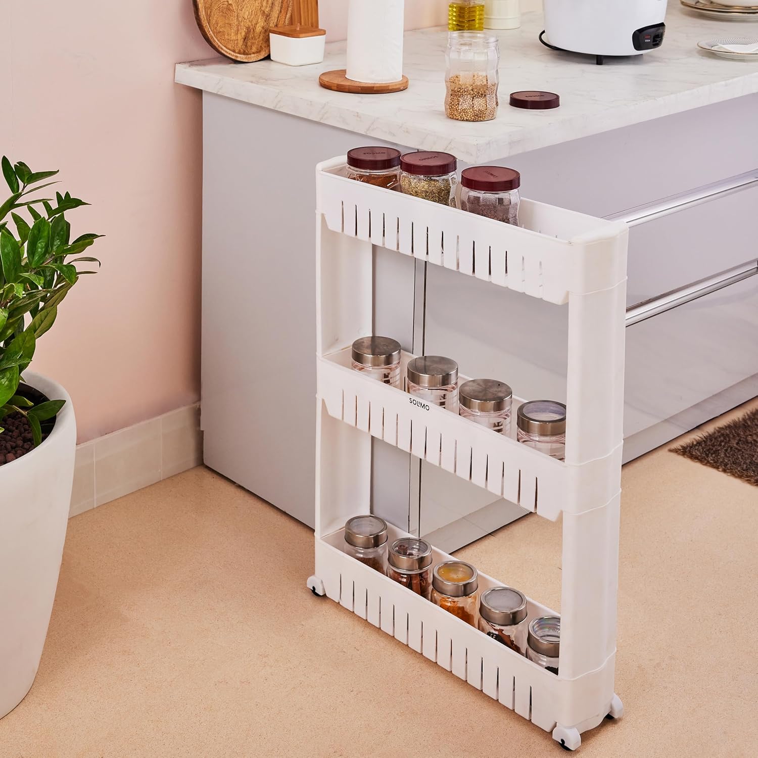 Slim Rolling Storage Rack – 3-Tiered Shelf Plastic Slide-Out Organizer | Space-Saving, Multipurpose | for Kitchen, Bathroom, Laundry, Pantry & Utility Storage | Floor Standing | White