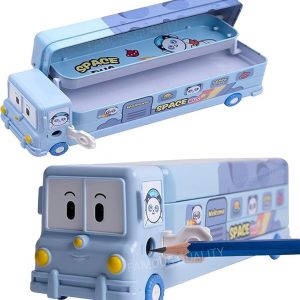 Kids Cartoon School Bus Metal Pencil Box with Built-in Sharpener & Moving Tyres (Blue)