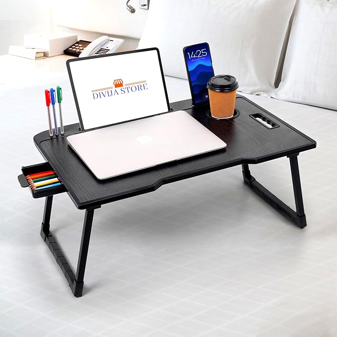 Foldable Laptop Table with Cup Holder | Bed Study Table | Black | 59 cm