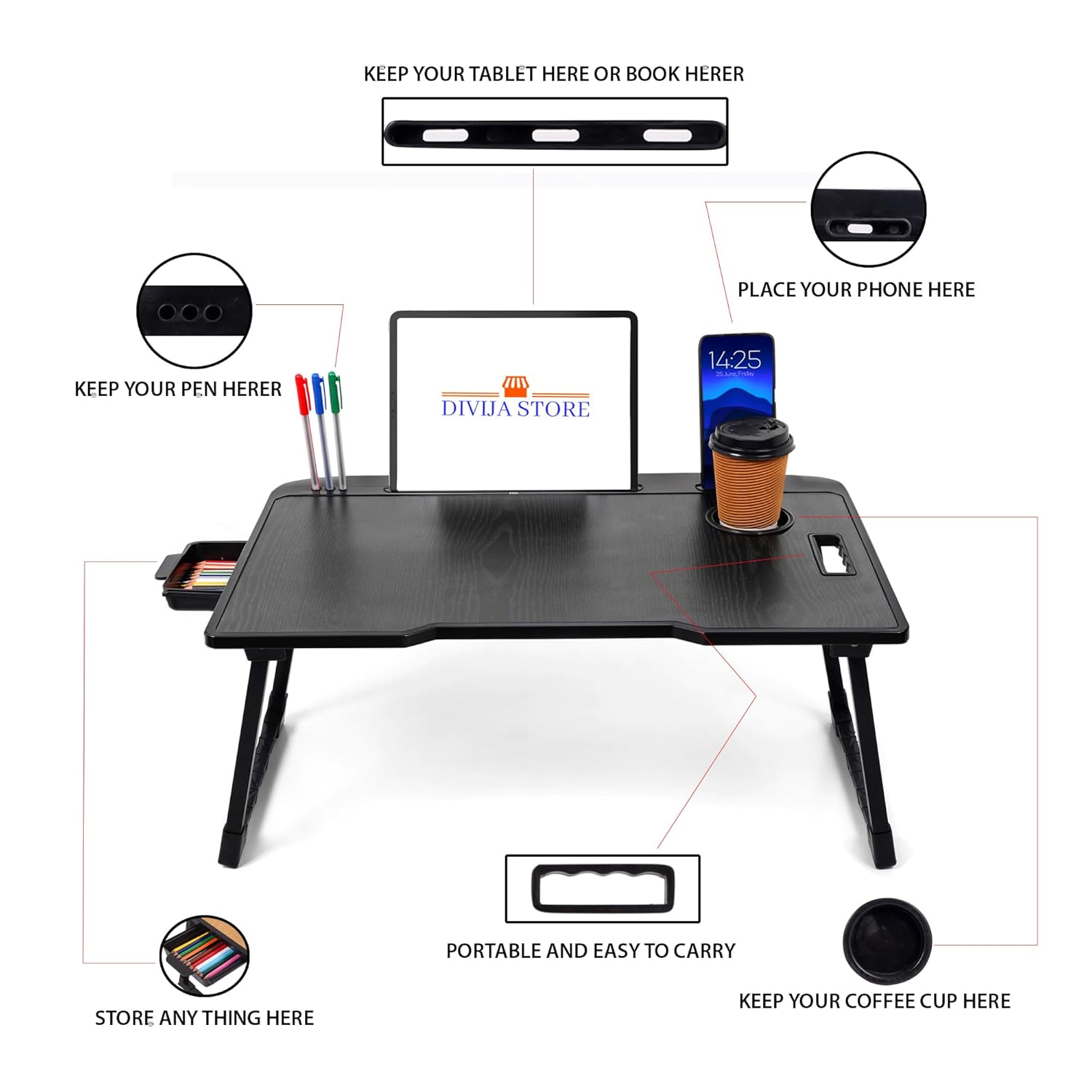 Foldable Laptop Table with Cup Holder | Bed Study Table | Black | 59 cm